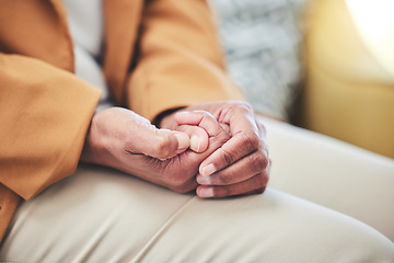 Image showing Hands, anxiety and person in therapy for mental health, depression or lap of nervous person counseling for addiction or recovery. Rehab, support and professional help for trauma or emotional crisis