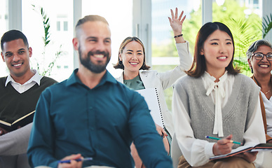 Image showing Work seminar, happy and business people with a question, vote or team decision in a conference. Smile, audience and diversity of corporate employees with notes and hand raised during training