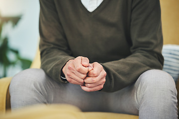 Image showing Hands, depression and person in therapy for stress, mental health or lap of man with anxiety, addiction and recovery. Rehab, support and professional help or counseling office for trauma and crisis