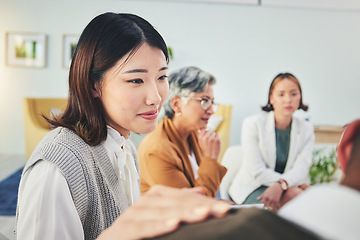 Image showing Support group, therapy and Asian woman comfort in meeting, kindness and wellness. Counseling, psychology and people, therapist and community help, empathy and care in mental health rehabilitation