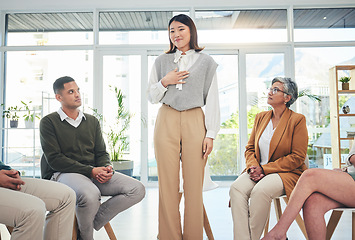 Image showing Support group, therapy and Asian woman talking in meeting, conversation and wellness. Counseling circle, psychology and happy people, therapist and community help in rehabilitation for mental health