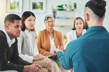 Image showing Business people meeting, group and leader talking to diversity staff, brainstorming and planning strategy. Office collaboration, speech and team manager discussion, conversation and chat about sales