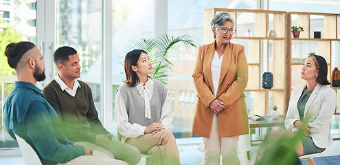 Image showing Support, group therapy and senior woman talking in meeting, conversation and wellness. Counseling, psychology and people, therapist and community help in rehabilitation, mental health and healing