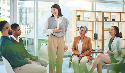 Image showing Support, group and psychology of Asian woman talking in meeting, conversation and wellness. Counseling, therapy and happy people speaking, community help and rehabilitation, mental health and healing