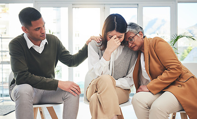 Image showing Support, group and psychologist comfort woman in depression, anxiety or trauma stress. Counseling, therapy and people help, community care and empathy, hope or trust, rehabilitation and mental health