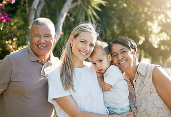 Image showing Portrait of baby, mom or grandparents in park for bonding with love, support or care in retirement. Grandfather, child or face of mature grandma with smile on a happy family holiday vacation to relax