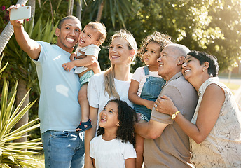 Image showing Happy big family, hug and selfie in photography, bonding or outdoor holiday vacation together. Parents, grandparents and children smile for photo, memory or social media on weekend trip or break