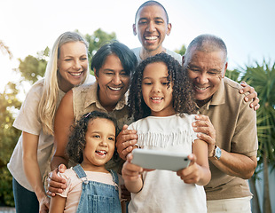 Image showing Big family, garden selfie and kids with smile, grandparent and outdoor with mom, dad and post on social network. Senior man, woman and children with photography, profile picture or memory on web blog