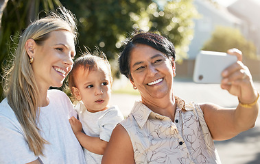 Image showing Mom, grandmother and baby take a selfie on holiday vacation for photography in summer together. Social media, mom and grandma bonding or taking outdoor pictures with kid for a happy family memory