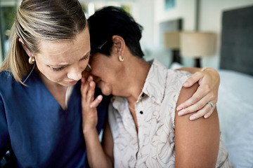 Image showing Daughter, sad senior mother and hug in home, comfort or care with love, grief or loss with depression. Mom, woman and embrace for support, empathy and together for kindness, mental health and family