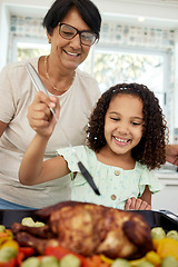 Image showing Kitchen, food and a grandmother cooking with her grandchild in their home together for thanksgiving. Children, love and a roast with a senior woman preparing a meal with a girl for healthy nutrition