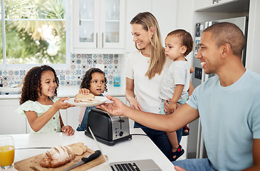 Image showing Mom, dad and kids with toast, breakfast and happy in kitchen with interracial love, bonding and care. Parents, young children and together with bread for family, father or work from home in morning