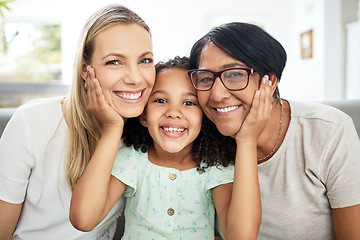 Image showing Interracial family, portrait and home with love, bonding and parent care with grandmother, mom and child. Happy, smile and living room with children and support together relax with grandparents
