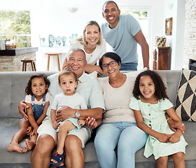 Image showing Interracial family, portrait and home with kids love, bonding and parent care with grandmother, mom and child. Happy, smile and living room with children and support together relax with grandparents