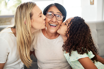 Image showing Interracial family, kiss portrait and home with love, bonding and parent care with grandmother, mom and child. Happy, smile and living room with children and support together relax with grandparents