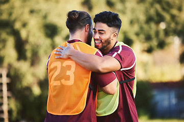 Image showing Rugby, sports and team with friends hugging for support, motivation or celebration during training. Fitness, teamwork and success with friendly athlete men embracing outdoor at practice for a game