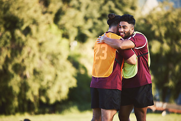 Image showing Rugby, teamwork and space with friends hugging for support, motivation or celebration during training. Fitness, sports and success with a man athlete team embracing outdoor at practice for a game