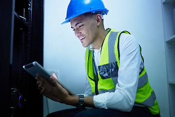 Image showing Happy man, tablet or server room technician, engineer and smile for data center connectivity, database upgrade or network solution. Cybersecurity expert, happiness or IT person update software system