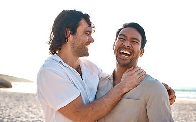 Image showing Love, laughing and gay couple on beach, hug and smile on summer vacation together in Thailand. Sunshine, ocean and comic, happy lgbt men embrace in nature for funny holiday with pride, sea and sand.