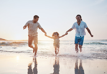 Image showing Holding hands, beach and gay couple with a child, happy or vacation with celebration, quality time or bonding. Queer people, men or kid with sun flare, seaside holiday or family with love or lgbtq