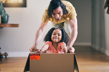 Image showing Father, kid and box in new house for games, fun and energy for bonding in real estate apartment. Happy dad, girl child and interracial family play with cardboard boxes for race while moving to home