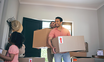 Image showing Happy, new home and box moving with child and gay parents with cardboard package and family. Smile, kid and lgbt people together with real estate and property mortgage in a house helping father