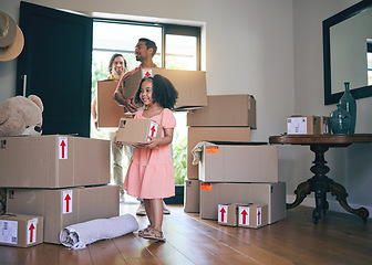 Image showing Happy, family and moving boxes with child and gay parents in new home with cardboard package. Smile, kid and lgbt people together with real estate and property mortgage in a house helping father