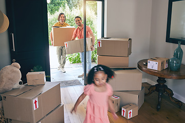 Image showing Gay father, moving and girl child running in new home with motion blur, playing or excited to start life at property. LGBTQ men, kid and cardboard package for real estate, adoption and family house