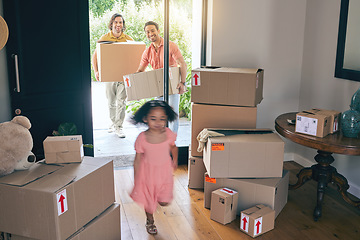 Image showing Happy, family run and box moving with child and gay parents in new home with cardboard package. Smile, kid and lgbt people together with real estate and property love in a house helping father