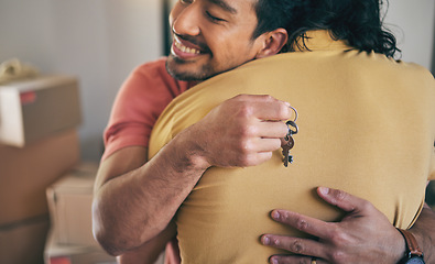 Image showing House, keys and gay men hug for real estate, success or new home celebration together. Property, moving or lgbt couple embrace for love, happy or smile in rental, apartment or celebrate mortgage loan