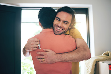 Image showing House, keys and gay couple hug in real estate, success or new home celebration together. Property, invest or lgbt men embrace for love, happy or smile for rental, apartment or celebrate mortgage loan