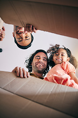 Image showing Family, open box and low angle with moving, portrait and smile in new house with gay father, girl or excited. LGBTQ men, cardboard package and happy dad with female child for start, life or property