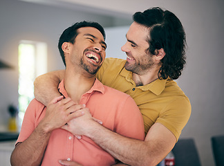 Image showing Smile, laughing and gay couple hug, happy and trust in their home with freedom on the weekend together. LGBT, love and man embrace boyfriend in a living room with care, romance and relationship pride