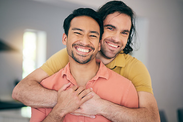 Image showing Smile, portrait and gay couple hug, happy and love in their home with freedom on the weekend together. LGBT, face and man embrace boyfriend in a living room with care, romance and relationship pride