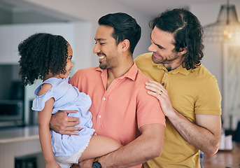 Image showing Gay father, girl and hug in house for smile, thinking or together for bonding, care or love. LGBTQ men, parents and happy female child with embrace, diversity and adoption with pride in family home