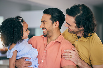 Image showing Gay father, girl and hug in home for smile, comic laugh or together for bonding, care or love. LGBTQ men, parents and happy female child with embrace, funny joke or adoption with talk in family house