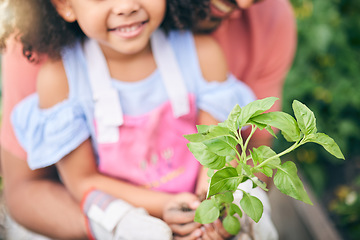 Image showing Gardening, hands of dad and child with plants in backyard, teaching and learning with growth in nature. Smile, sustainability and father helping girl in vegetable garden with love, support and fun.