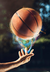 Image showing Person, hands and basketball in nature for sports game, match or art on the outdoor court. Man or player with ball and color ready for fitness, playing or athletic practice in championship tournament