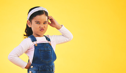 Image showing Confused, doubt and portrait of kid thinking in studio isolated on a yellow background mockup space. Question, idea face and girl child trying to remember memory, solution or choice, decision or why