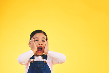 Image showing Wow, fashion and hands on face of girl child in studio with deal, sale or giveaway promo on yellow background. Excited, surprise and open mouth kid with emoji for news, announcement or competition