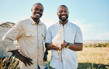 Image showing Portrait, chicken and a happy farmer team in the agriculture industry for sustainability or free range farming, Smile, poultry farm and a black man with his partner on a agricultural field in summer