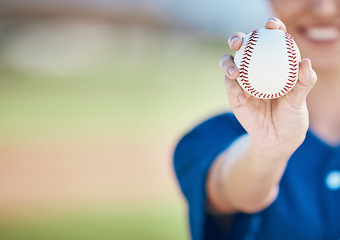 Image showing Hand, ball and softball with a woman on mockup for sports competition or fitness outdoor during summer. Exercise, training and baseball with a sporty female athlete on a pitch for playing a game