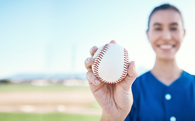 Image showing Hand, ball and baseball with a woman on mockup for sports competition or fitness outdoor during summer. Exercise, training and softball with a sporty female athlete on a pitch for playing a game