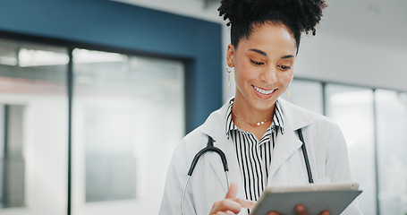 Image showing Face of happy woman doctor on tablet for medical research, hospital management and telehealth service. Portrait of young black person in professional healthcare career, job or clinic on digital tech