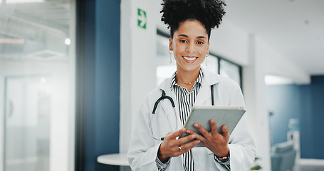 Image showing Face of happy woman doctor on tablet for medical research, hospital management and telehealth service. Portrait of young black person in professional healthcare career, job or clinic on digital tech