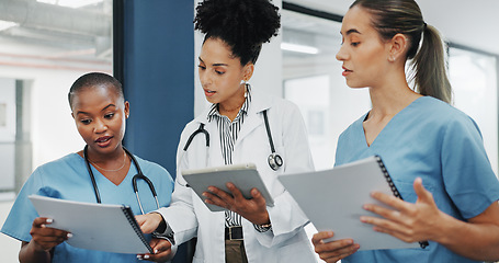 Image showing Doctors, nurses or women on tablet, documents or paper in diversity meeting, help collaboration or hospital teamwork. Talking, healthcare or workers on technology, surgery research or life insurance