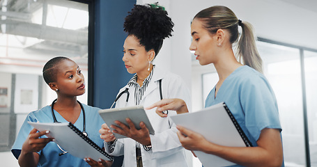 Image showing Doctors, nurses or women on tablet, documents or paper in diversity meeting, help collaboration or hospital teamwork. Talking, healthcare or workers on technology, surgery research or life insurance