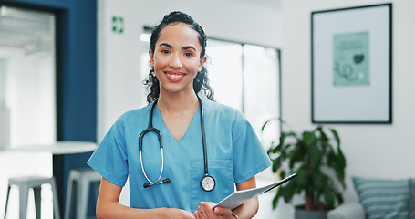 Image showing Proud face of woman doctor in busy hospital for healthcare services, leadership and happy career mindset. Confident portrait of young medical professional or female nurse in clinic or health care job