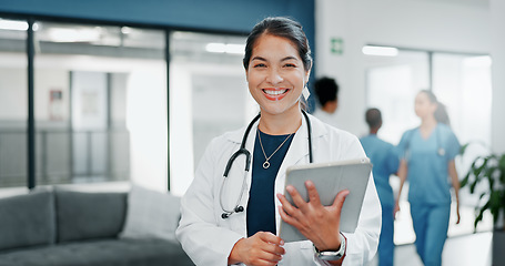 Image showing Happy woman or doctor face in busy hospital with tablet for healthcare services, leadership and career mindset. Portrait of medical professional or female on telehealth app for clinic job management