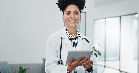 Image showing Face of happy woman doctor on tablet for medical research, hospital management and telehealth service. Portrait of young black person in professional healthcare career, job or clinic on digital tech